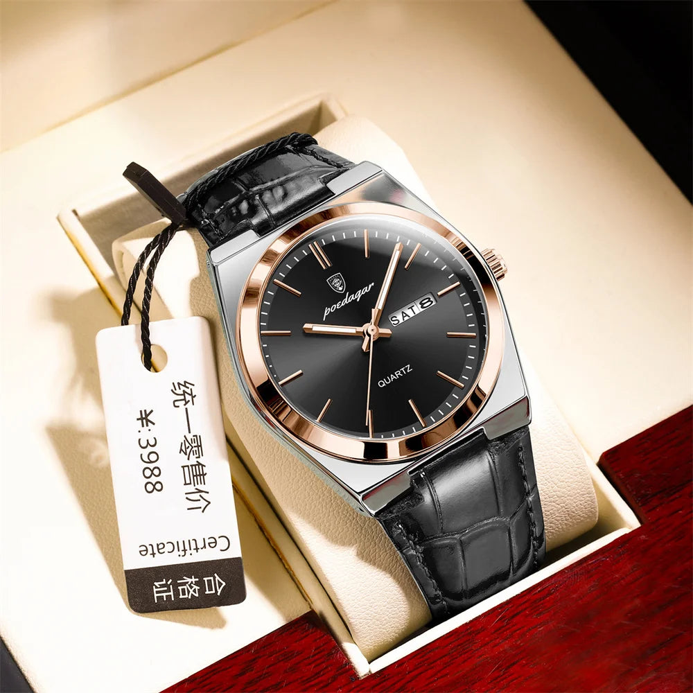 POEDAGAR New Men Watch Luxury Brand Leather Strap Double Calendar Waterproof Male Business Leisure Fashion Quartz Watches Mens
