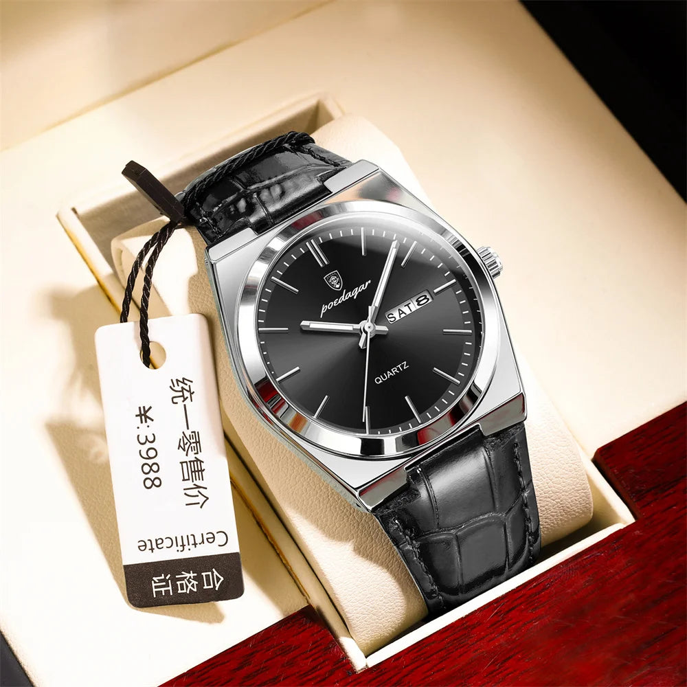 POEDAGAR New Men Watch Luxury Brand Leather Strap Double Calendar Waterproof Male Business Leisure Fashion Quartz Watches Mens