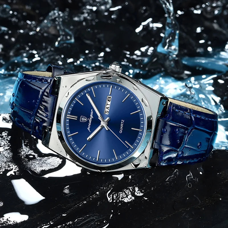 POEDAGAR New Men Watch Luxury Brand Leather Strap Double Calendar Waterproof Male Business Leisure Fashion Quartz Watches Mens