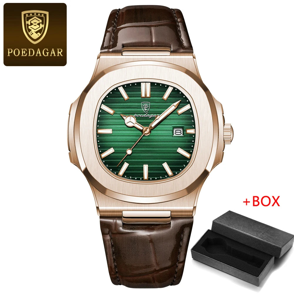 POEDAGAR Mens Watches Top Brand Luxury High Quality Leather Waterproof Luminous Date  Fashion Blue Square Quartz Watch for Men