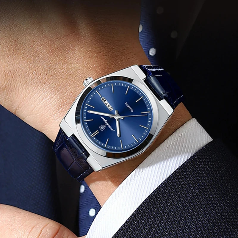 POEDAGAR New Men Watch Luxury Brand Leather Strap Double Calendar Waterproof Male Business Leisure Fashion Quartz Watches Mens