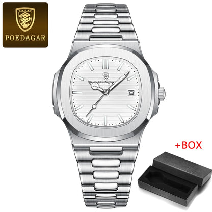 POEDAGAR Mens Watches Top Brand Luxury High Quality Leather Waterproof Luminous Date  Fashion Blue Square Quartz Watch for Men