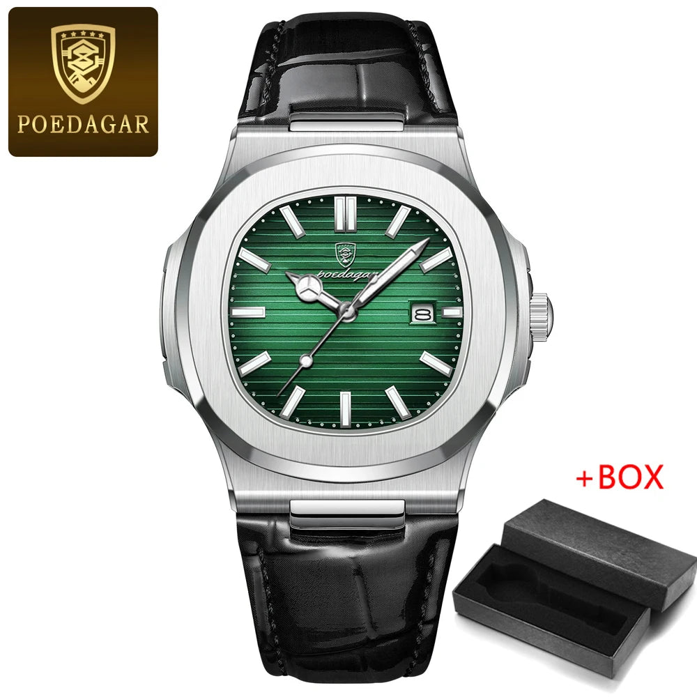 POEDAGAR Mens Watches Top Brand Luxury High Quality Leather Waterproof Luminous Date  Fashion Blue Square Quartz Watch for Men