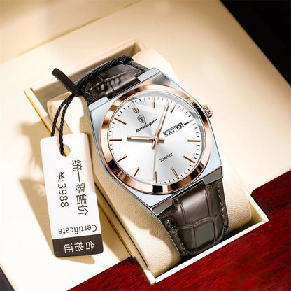 POEDAGAR New Men Watch Luxury Brand Leather Strap Double Calendar Waterproof Male Business Leisure Fashion Quartz Watches Mens