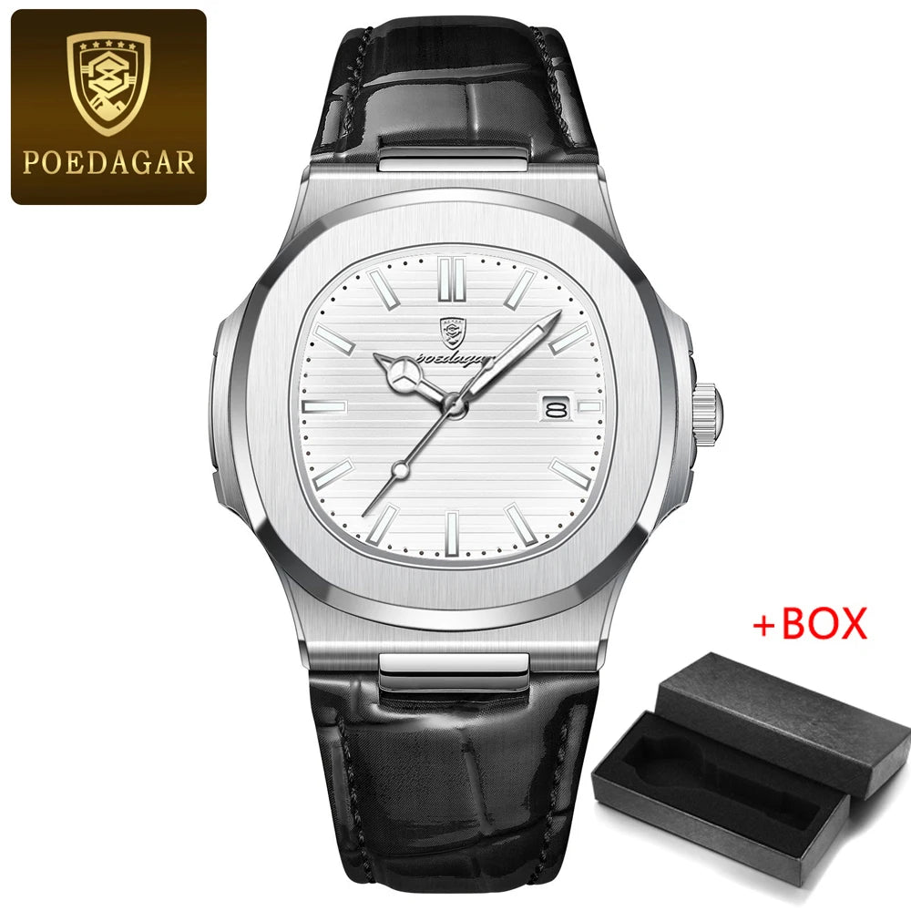 POEDAGAR Mens Watches Top Brand Luxury High Quality Leather Waterproof Luminous Date  Fashion Blue Square Quartz Watch for Men