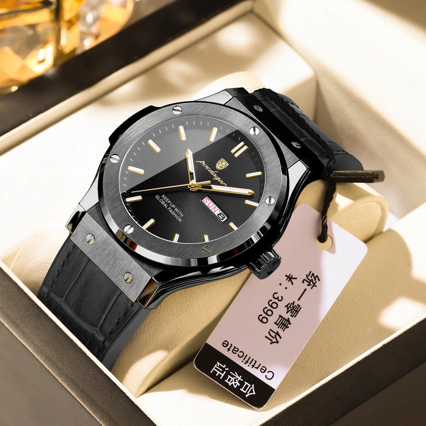 Men's Quartz Watch Original Series with Quartz Movement 41mm Dial Day Date Calendar Luminous Function Leather Silicone Strap