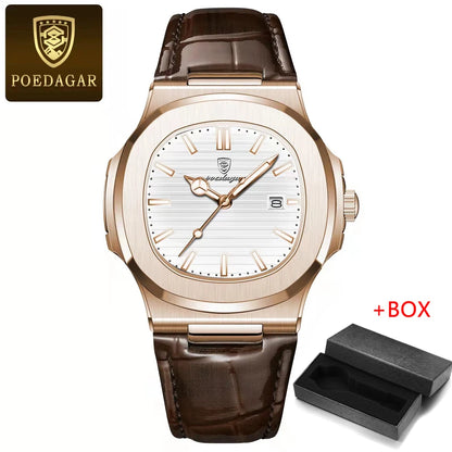 POEDAGAR Mens Watches Top Brand Luxury High Quality Leather Waterproof Luminous Date  Fashion Blue Square Quartz Watch for Men