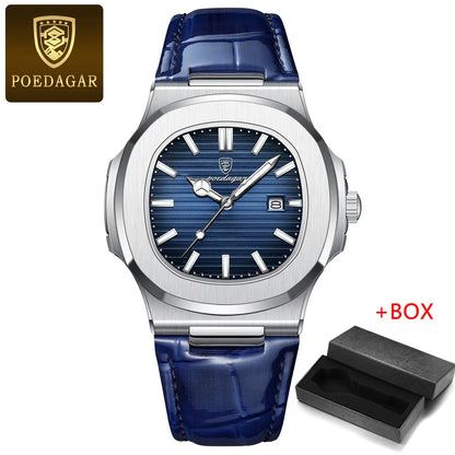 POEDAGAR Mens Watches Top Brand Luxury High Quality Leather Waterproof Luminous Date  Fashion Blue Square Quartz Watch for Men
