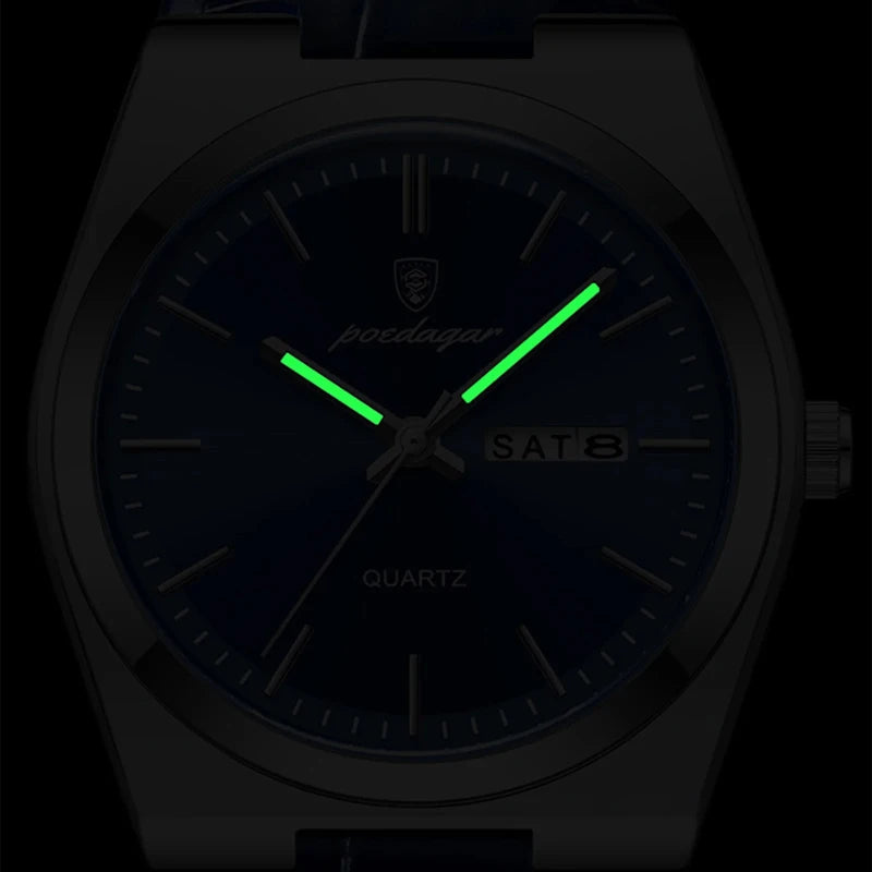 POEDAGAR New Men Watch Luxury Brand Leather Strap Double Calendar Waterproof Male Business Leisure Fashion Quartz Watches Mens
