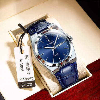 POEDAGAR New Men Watch Luxury Brand Leather Strap Double Calendar Waterproof Male Business Leisure Fashion Quartz Watches Mens