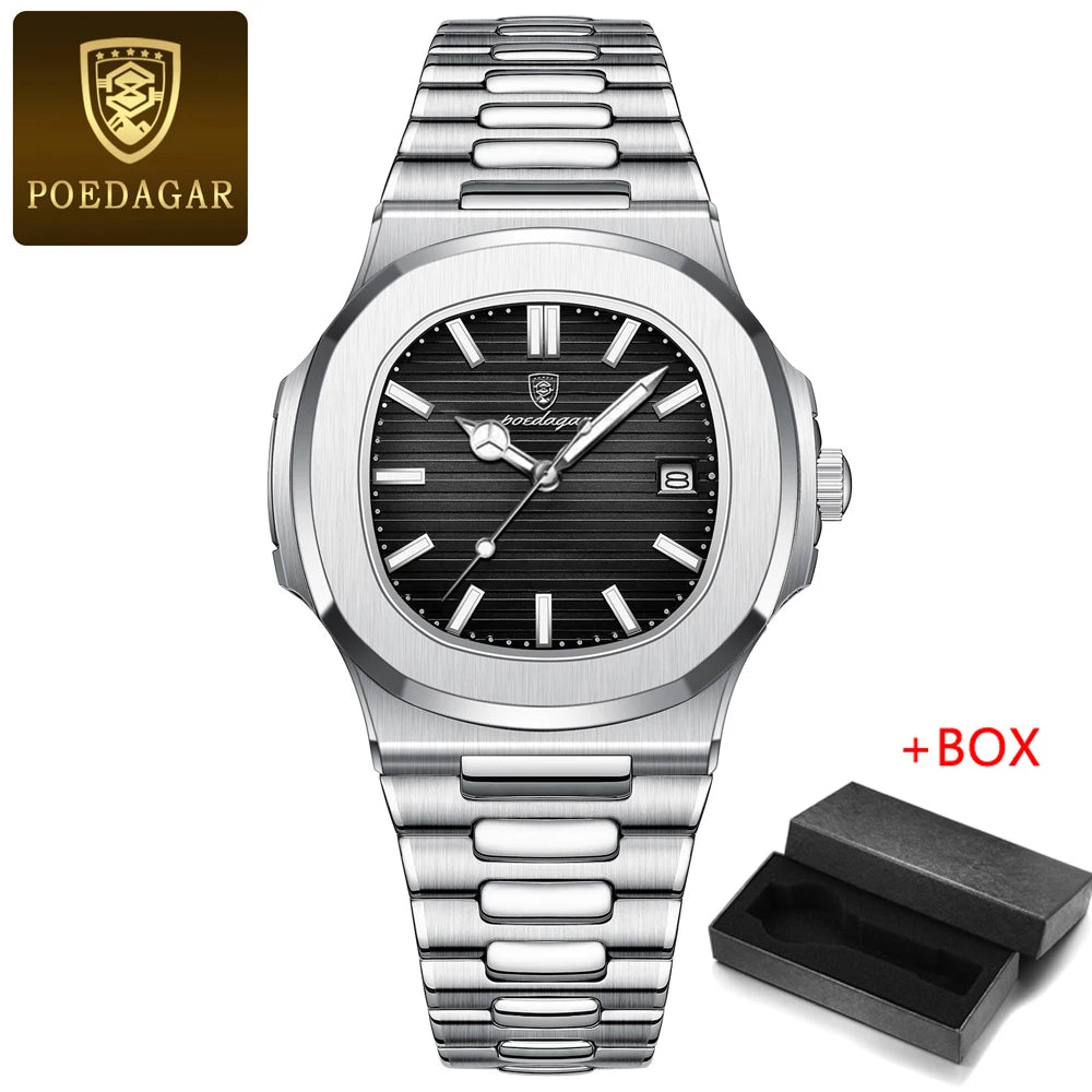 POEDAGAR Mens Watches Top Brand Luxury High Quality Leather Waterproof Luminous Date  Fashion Blue Square Quartz Watch for Men