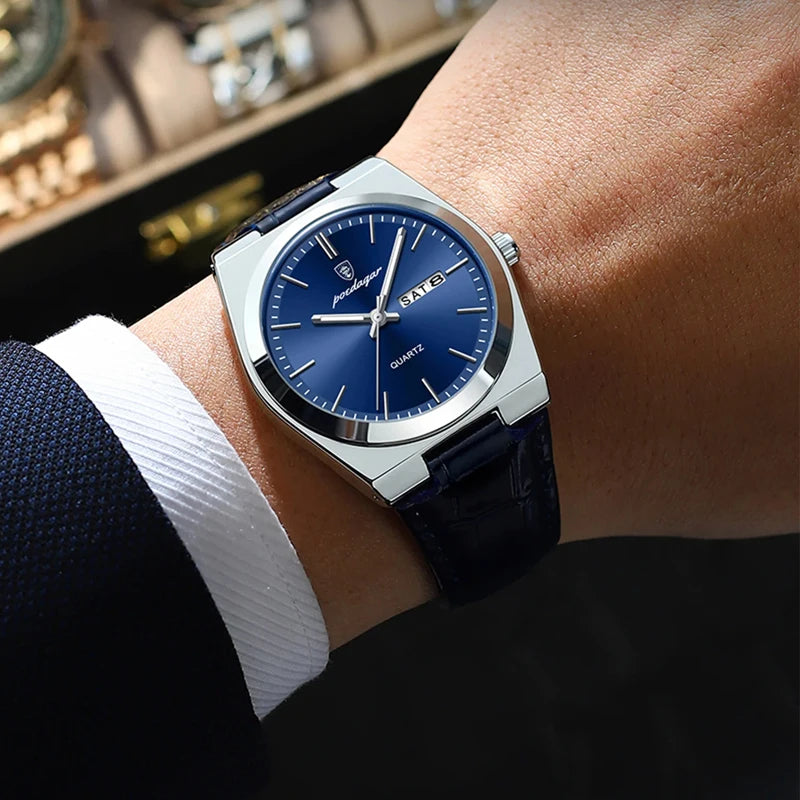 POEDAGAR New Men Watch Luxury Brand Leather Strap Double Calendar Waterproof Male Business Leisure Fashion Quartz Watches Mens