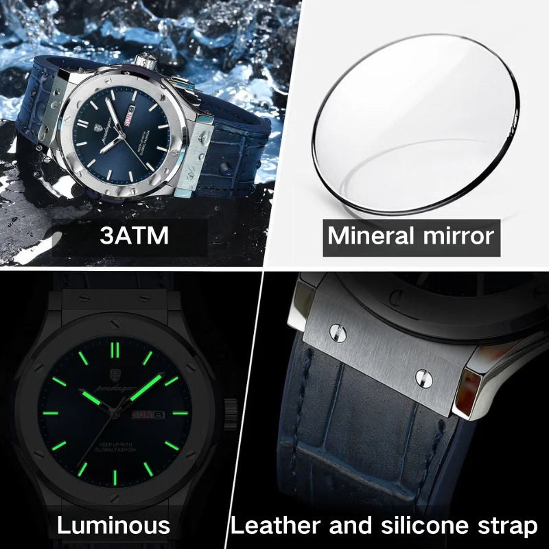 Men's Quartz Watch Original Series with Quartz Movement 41mm Dial Day Date Calendar Luminous Function Leather Silicone Strap
