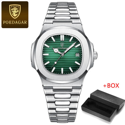 POEDAGAR Mens Watches Top Brand Luxury High Quality Leather Waterproof Luminous Date  Fashion Blue Square Quartz Watch for Men