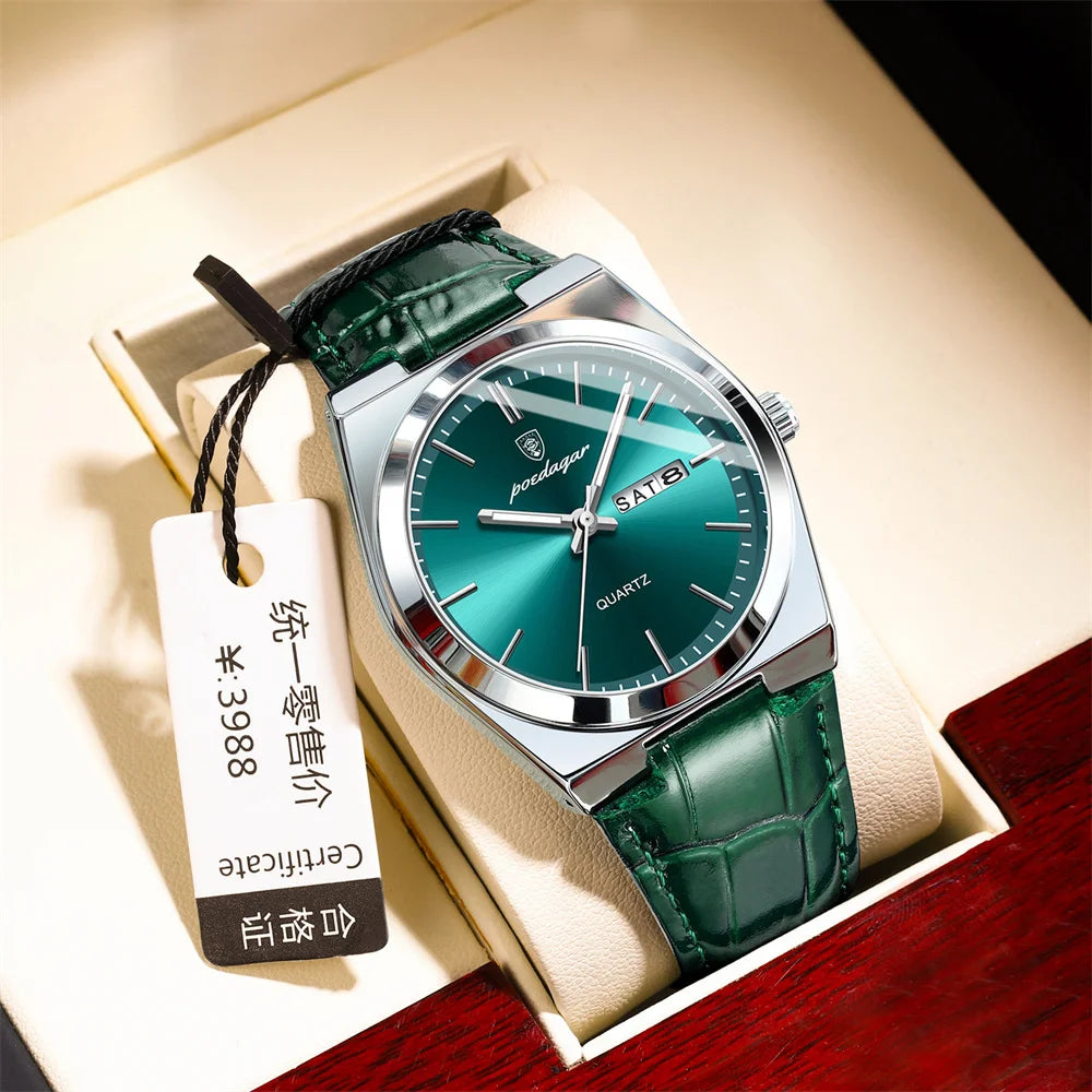 POEDAGAR New Men Watch Luxury Brand Leather Strap Double Calendar Waterproof Male Business Leisure Fashion Quartz Watches Mens