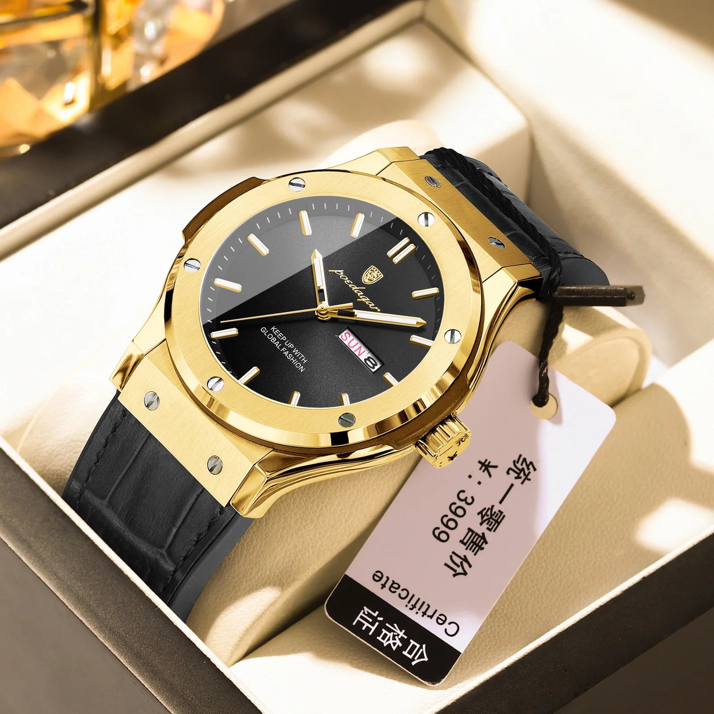 Men's Quartz Watch Original Series with Quartz Movement 41mm Dial Day Date Calendar Luminous Function Leather Silicone Strap