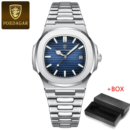 POEDAGAR Mens Watches Top Brand Luxury High Quality Leather Waterproof Luminous Date  Fashion Blue Square Quartz Watch for Men