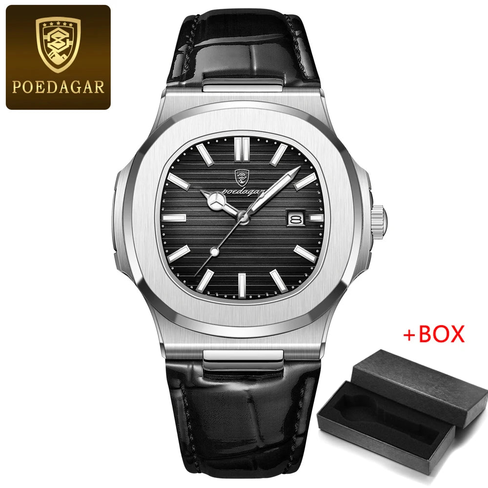 POEDAGAR Mens Watches Top Brand Luxury High Quality Leather Waterproof Luminous Date  Fashion Blue Square Quartz Watch for Men