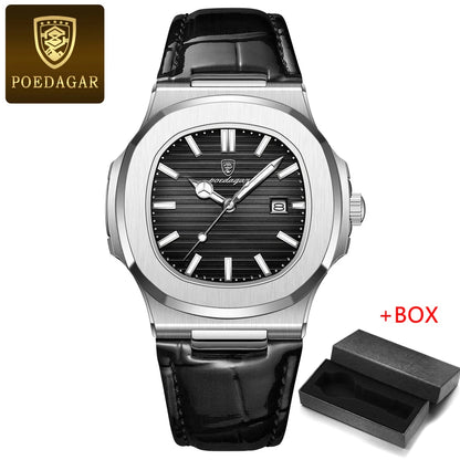 POEDAGAR Mens Watches Top Brand Luxury High Quality Leather Waterproof Luminous Date  Fashion Blue Square Quartz Watch for Men