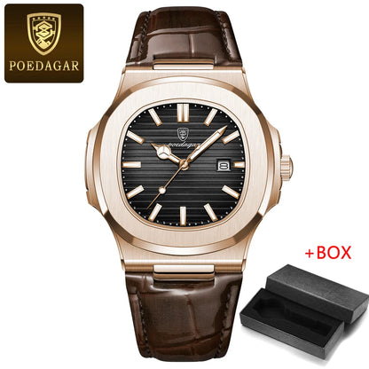 POEDAGAR Mens Watches Top Brand Luxury High Quality Leather Waterproof Luminous Date  Fashion Blue Square Quartz Watch for Men
