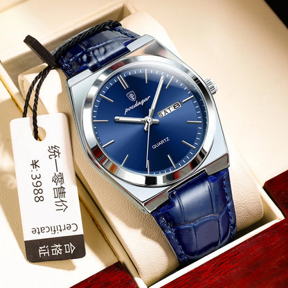 POEDAGAR New Men Watch Luxury Brand Leather Strap Double Calendar Waterproof Male Business Leisure Fashion Quartz Watches Mens