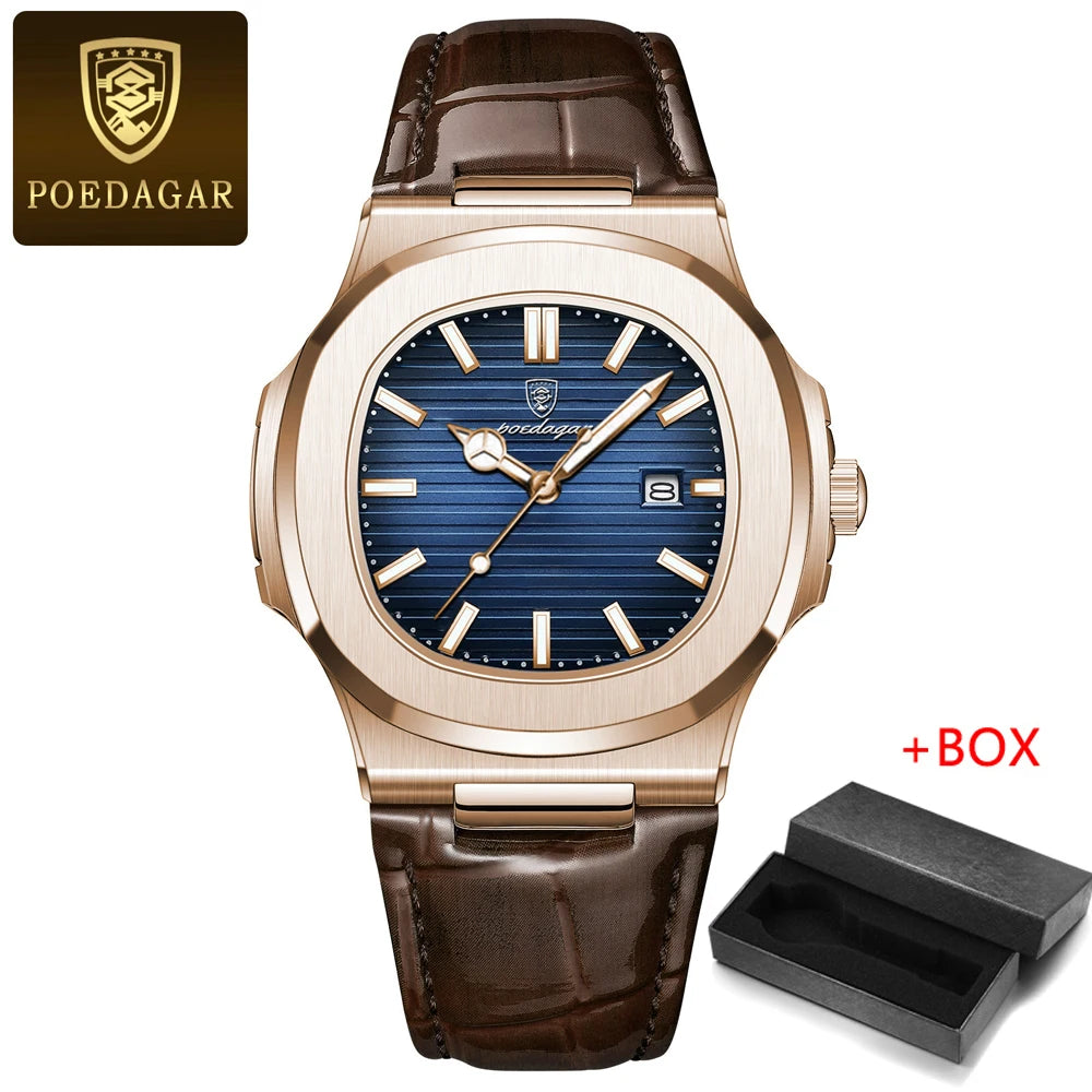 POEDAGAR Mens Watches Top Brand Luxury High Quality Leather Waterproof Luminous Date  Fashion Blue Square Quartz Watch for Men