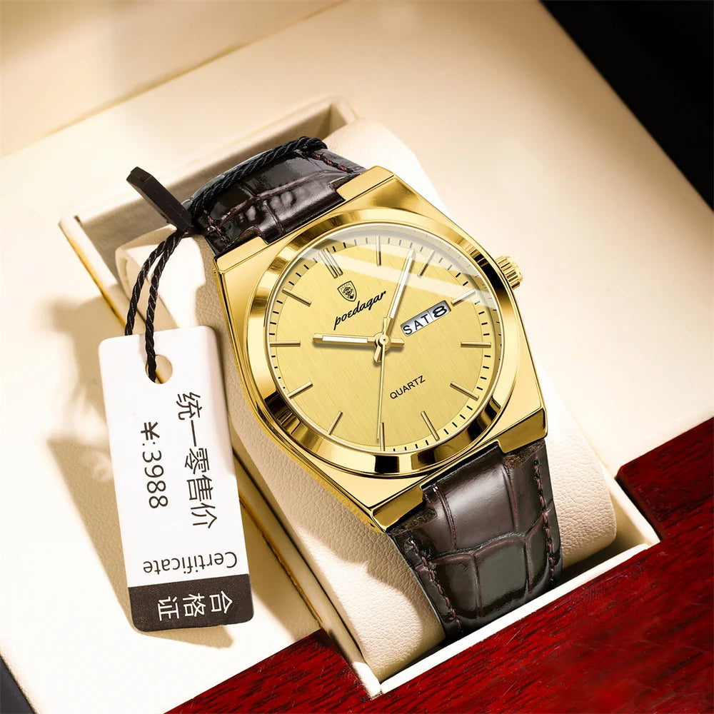POEDAGAR New Men Watch Luxury Brand Leather Strap Double Calendar Waterproof Male Business Leisure Fashion Quartz Watches Mens