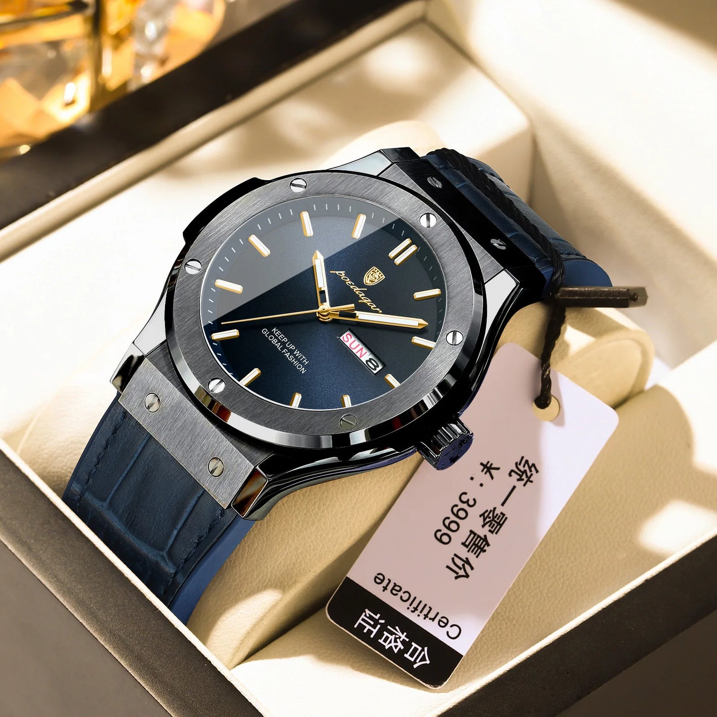 Men's Quartz Watch Original Series with Quartz Movement 41mm Dial Day Date Calendar Luminous Function Leather Silicone Strap