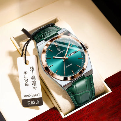 POEDAGAR New Men Watch Luxury Brand Leather Strap Double Calendar Waterproof Male Business Leisure Fashion Quartz Watches Mens