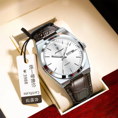 POEDAGAR New Men Watch Luxury Brand Leather Strap Double Calendar Waterproof Male Business Leisure Fashion Quartz Watches Mens